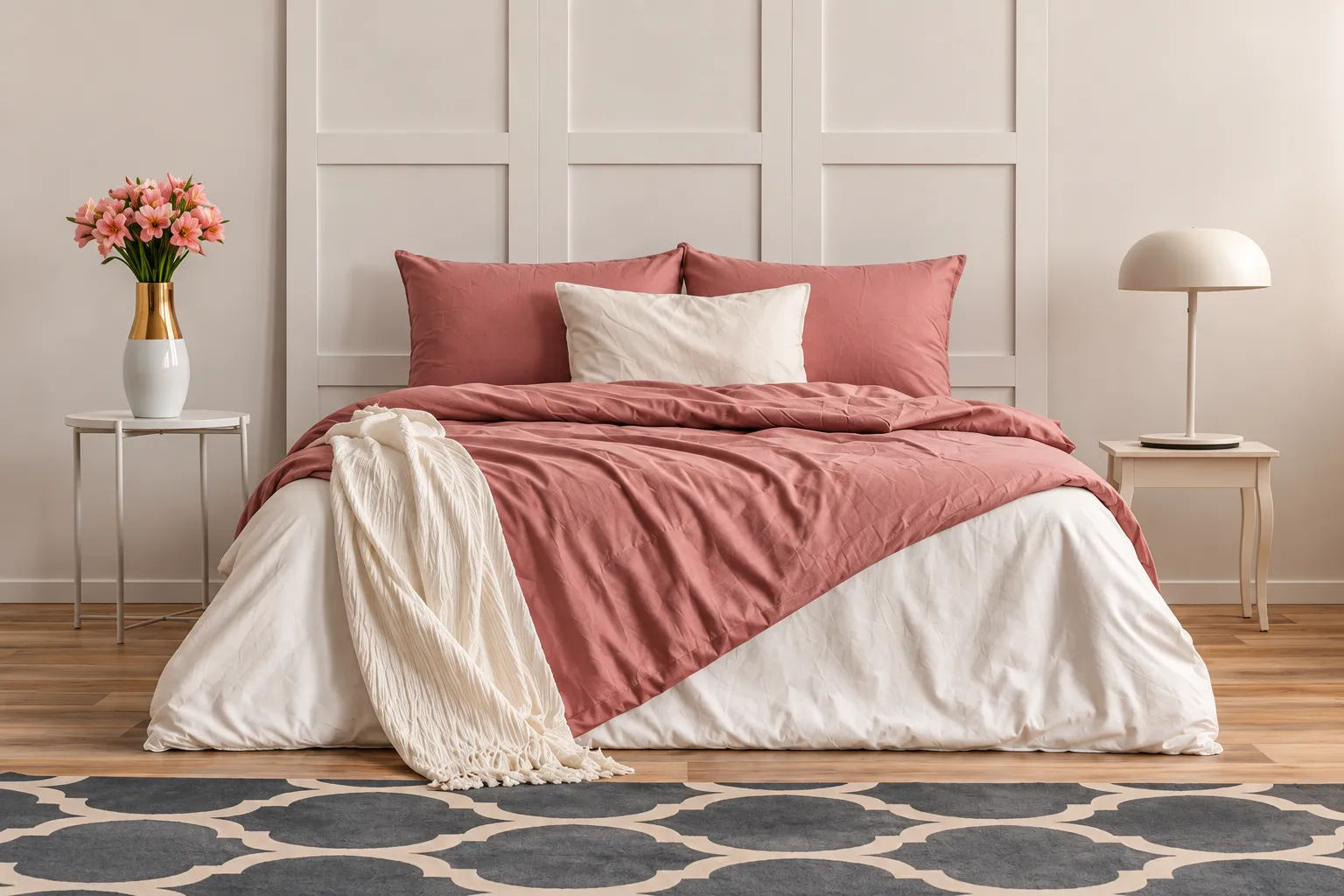 Softly layered bed linen in a bright interior